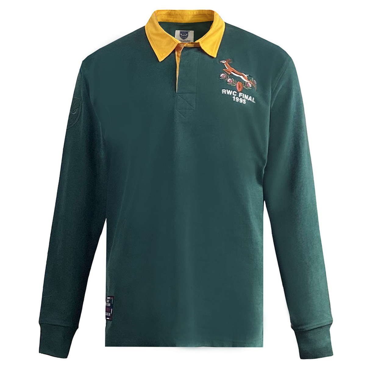 The Ellis Rugby Springbok 1995 Vintage Long Sleeve Rugby Shirt, by Ellis Rugby, features a green body with a yellow collar and an embroidered jumping animal logo with "RWC FINAL 1995," celebrating South Africa's rugby heritage—a must-have for fans.