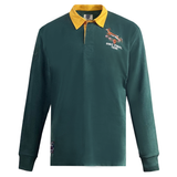 The Ellis Rugby Springbok 1995 Vintage Long Sleeve Rugby Shirt, by Ellis Rugby, features a green body with a yellow collar and an embroidered jumping animal logo with "RWC FINAL 1995," celebrating South Africa's rugby heritage—a must-have for fans.