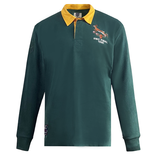 The Ellis Rugby Springbok 1995 Vintage Long Sleeve Rugby Shirt, by Ellis Rugby, features a green body with a yellow collar and an embroidered jumping animal logo with "RWC FINAL 1995," celebrating South Africa's rugby heritage—a must-have for fans.