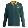 The Ellis Rugby Springbok 1995 Vintage Long Sleeve Rugby Shirt, by Ellis Rugby, features a green body with a yellow collar and an embroidered jumping animal logo with "RWC FINAL 1995," celebrating South Africa's rugby heritage—a must-have for fans.