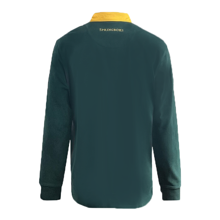 The Ellis Rugby Springbok 1995 Vintage Long Sleeve Rugby Shirt features a green design with a yellow collar, celebrating South Africa's rugby heritage. "Springboks" text on the back makes it a timeless piece for Ellis Rugby fans.