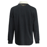 The Ellis Rugby All Blacks 1983 Classic Rugby Shirt features a back view of a long-sleeve black cotton top with a white collar and "New Zealand Rugby" embroidered in yellow, exuding timeless appeal.
