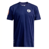 The Ellis Rugby Scotland Rugby 1990 Grand Slam Shirt is navy blue, with a small laurel crest on the chest and a sleeve patch, inspired by the 1990 Grand Slam triumph.
