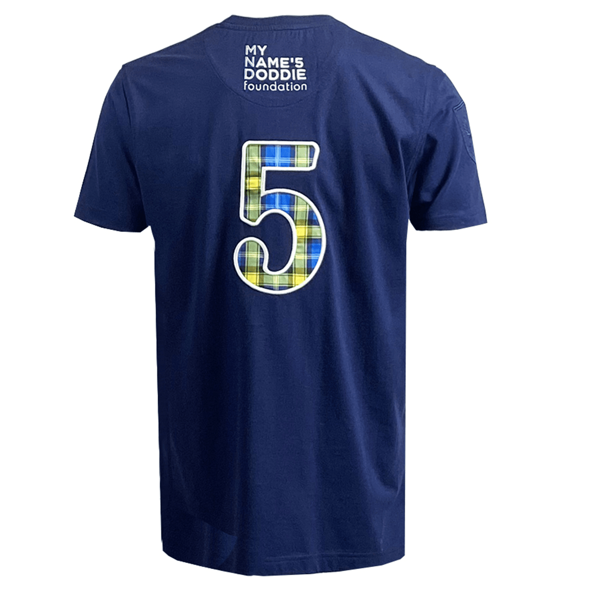 Ellis Rugby Doddie Weir T-Shirt in blue, highlighted by a plaid number 5. "My Name'5 Doddie Foundation" is proudly printed on the back, embodying the essence of the collection.