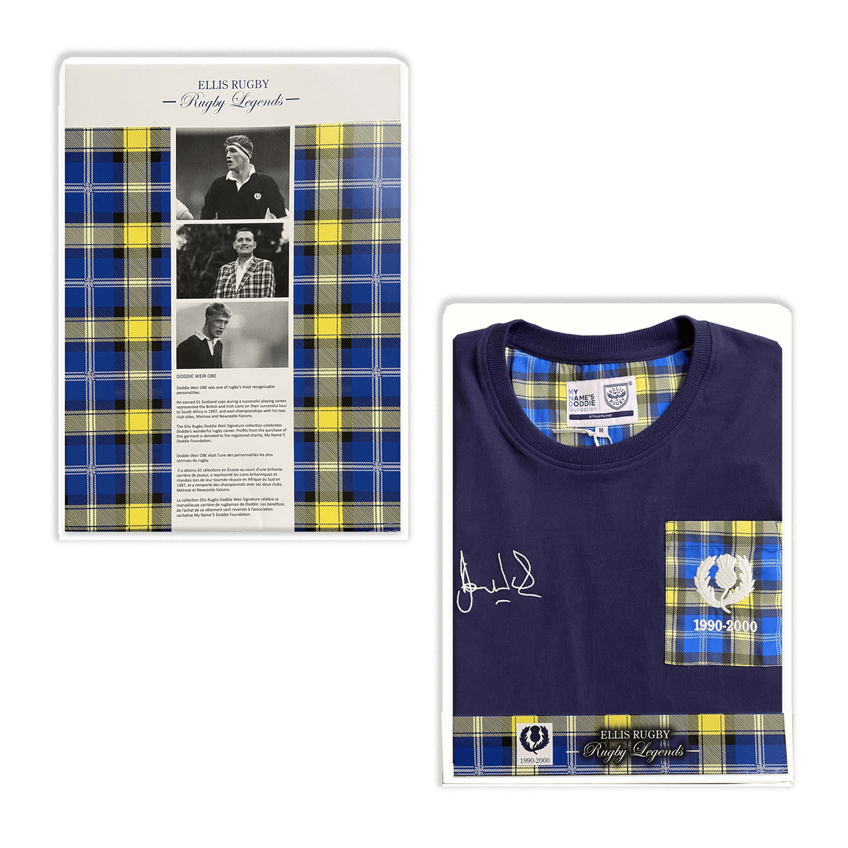 The Ellis Rugby Doddie Weir T-Shirt, available in plaid and solid navy, features a vintage Scotland crest, logo, and signatures. It comes with packaging showcasing a historical photo timeline from the 'My Name'5 Doddie' foundation.