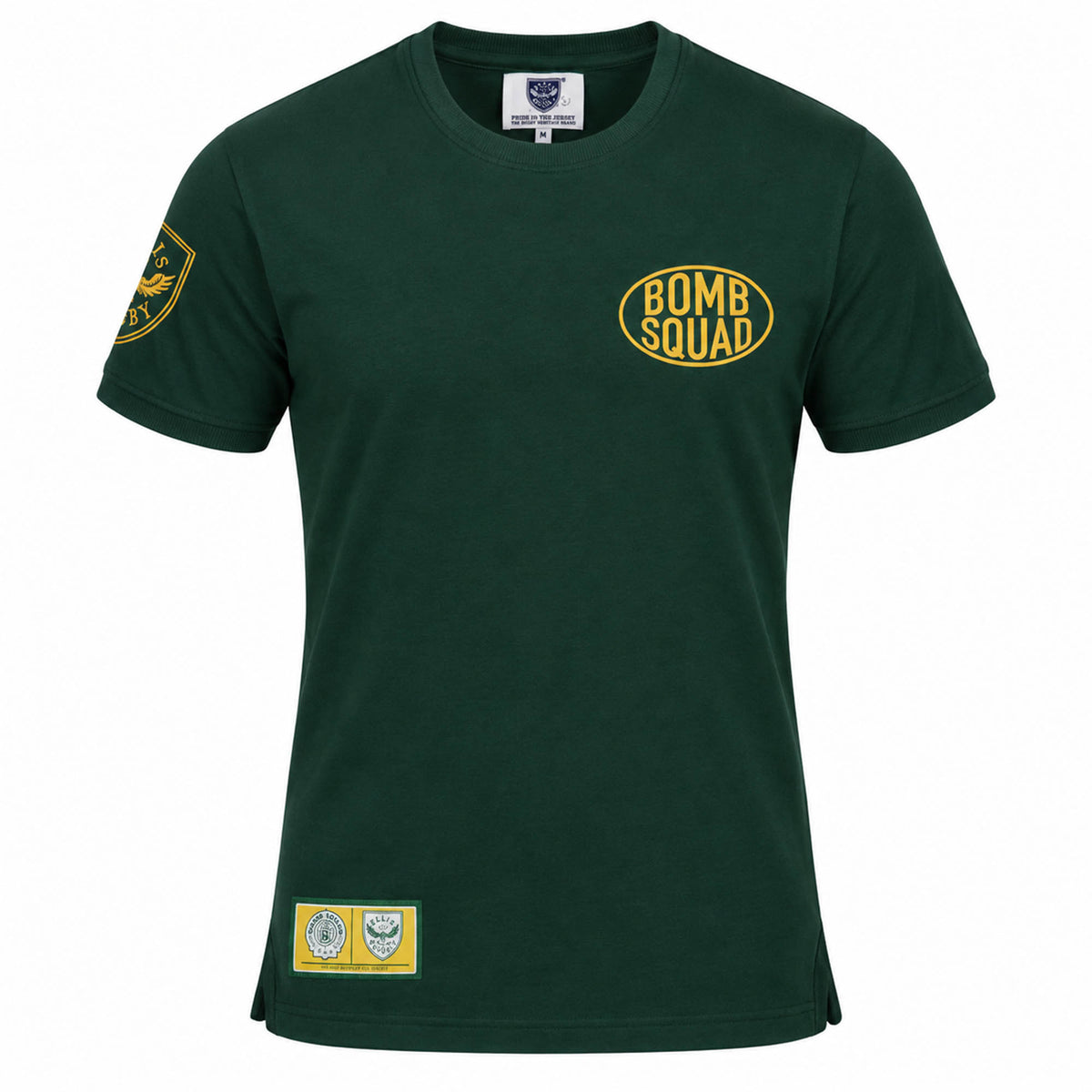 A green short-sleeved South Africa Bomb Squad Rugby T-Shirt by Ellis Rugby with a yellow “BOMB SQUAD” oval logo on the chest and patches on the sleeve and hem.