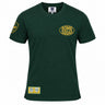 A green short-sleeved South Africa Bomb Squad Rugby T-Shirt by Ellis Rugby with a yellow “BOMB SQUAD” oval logo on the chest and patches on the sleeve and hem.