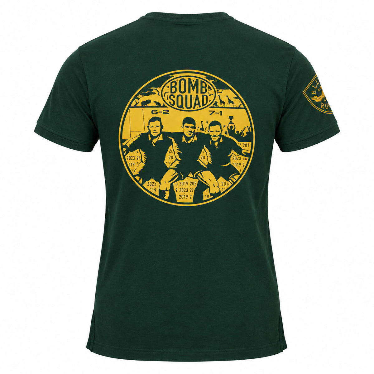 A dark green South Africa Bomb Squad Rugby T-Shirt by Ellis Rugby featuring a yellow circular graphic on the back with three rugby players, the text “BOMB SQUAD,” and various dates and scores.