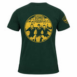 A dark green South Africa Bomb Squad Rugby T-Shirt by Ellis Rugby featuring a yellow circular graphic on the back with three rugby players, the text “BOMB SQUAD,” and various dates and scores.