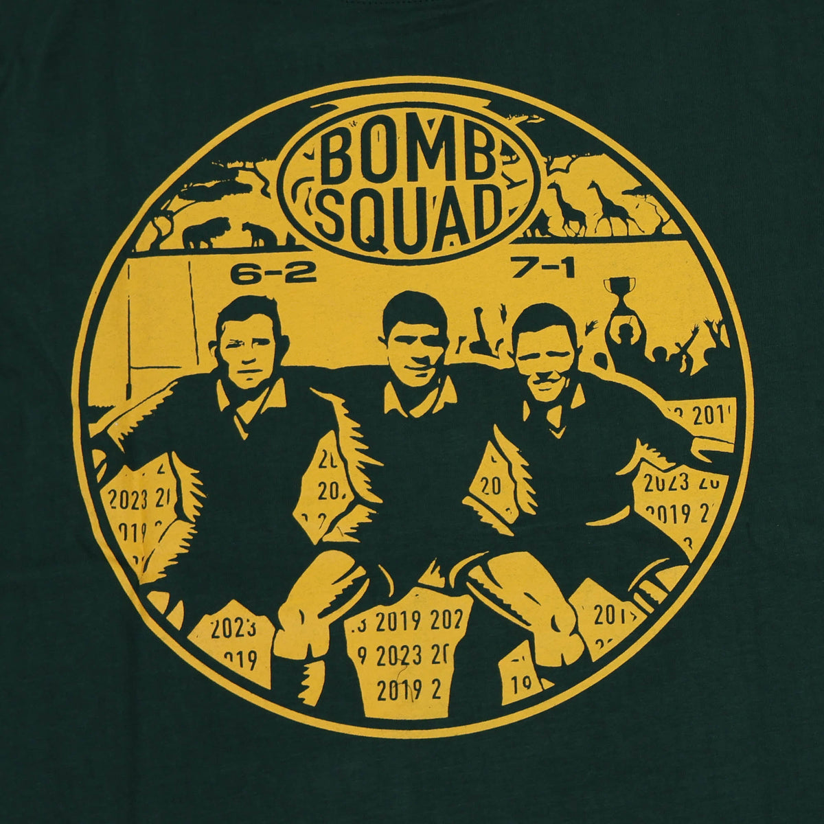 Graphic illustration for the South Africa Bomb Squad Rugby T-Shirt by Ellis Rugby featuring three rugby players with arms-linked above the years 2019–2023, the text “BOMB SQUAD,” and scores of 6-2 and 7-1.