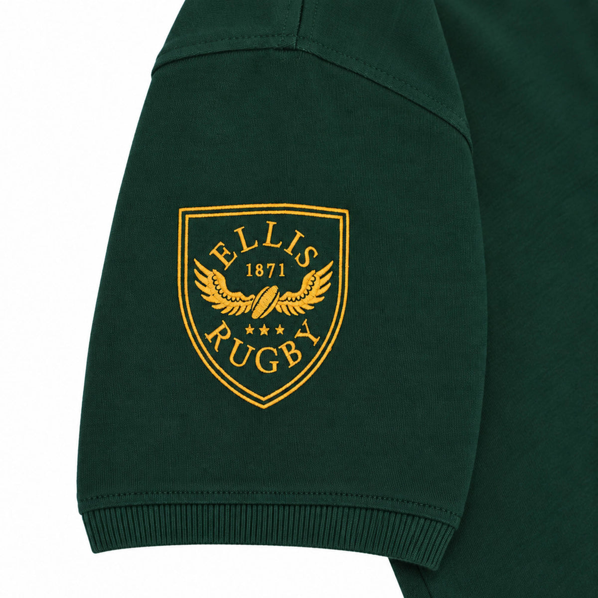 A dark green South Africa Bomb Squad Rugby T-Shirt by Ellis Rugby sleeve featuring an embroidered crest in gold.