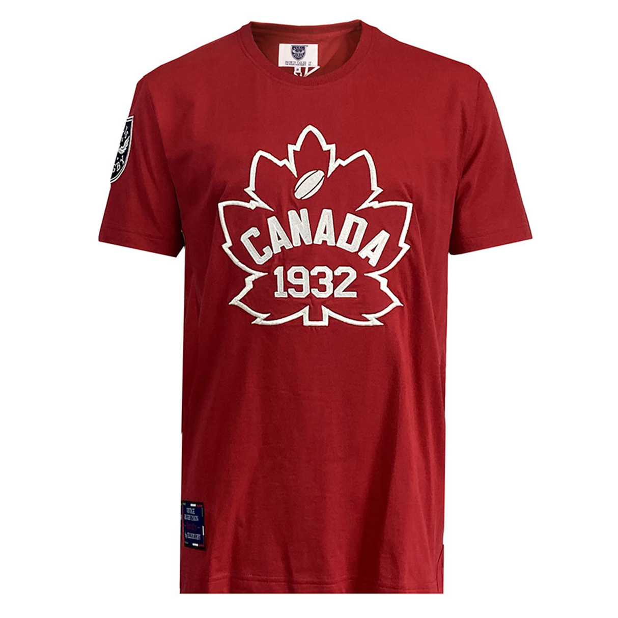 Ellis Rugby's Canada Rugby 1932 T-Shirt features a prominent maple leaf design and "Canada 1932" in white text, capturing the Canadian rugby spirit, with a patch on the sleeve.