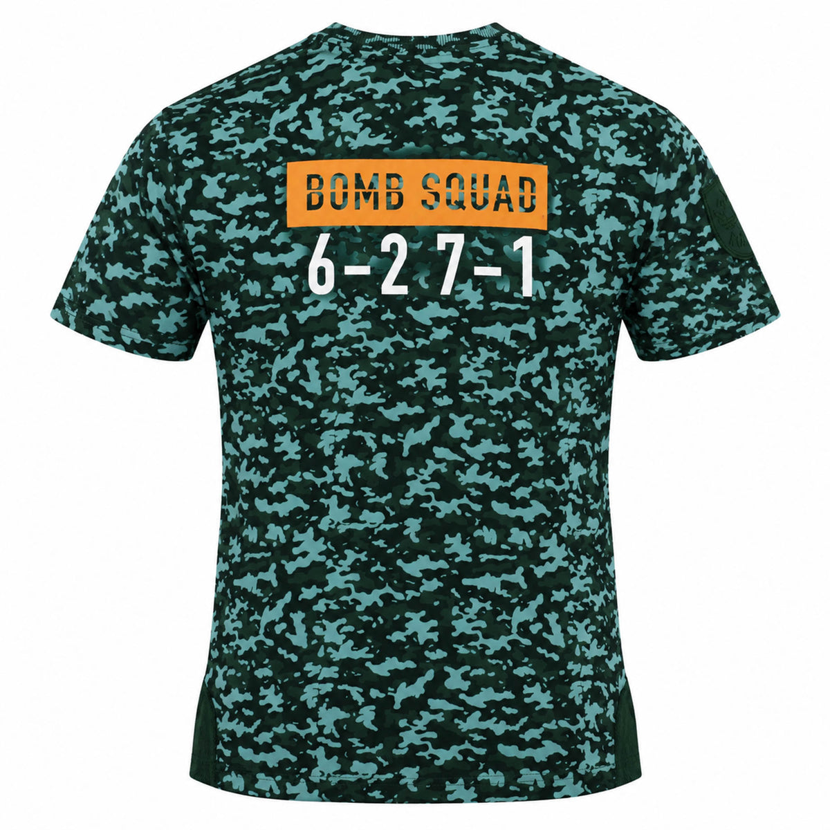 Back of a dark green camouflage Bomb Squad Bench T-Shirt by Ellis Rugby with the text “BOMB SQUAD 6-27-1” printed on the chest.
