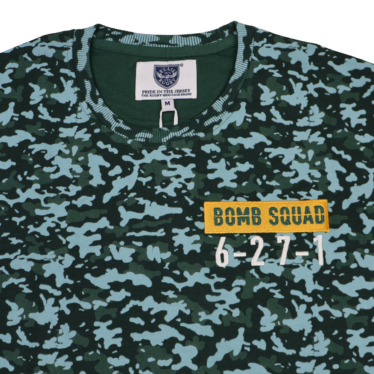 Ellis Rugby Bomb Squad Bench T-Shirt in camouflage featuring a “BOMB SQUAD 6-27-1” patch on the chest, inspired by the South African rugby Bomb Squad.