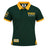 Ellis Rugby Bomb Squad Rugby Polo in dark green with a yellow collar and cuffs, featuring “BOMB SQUAD 6-27-1” text and rugby-themed patches.