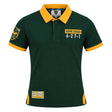 Ellis Rugby Bomb Squad Rugby Polo in dark green with a yellow collar and cuffs, featuring “BOMB SQUAD 6-27-1” text and rugby-themed patches.