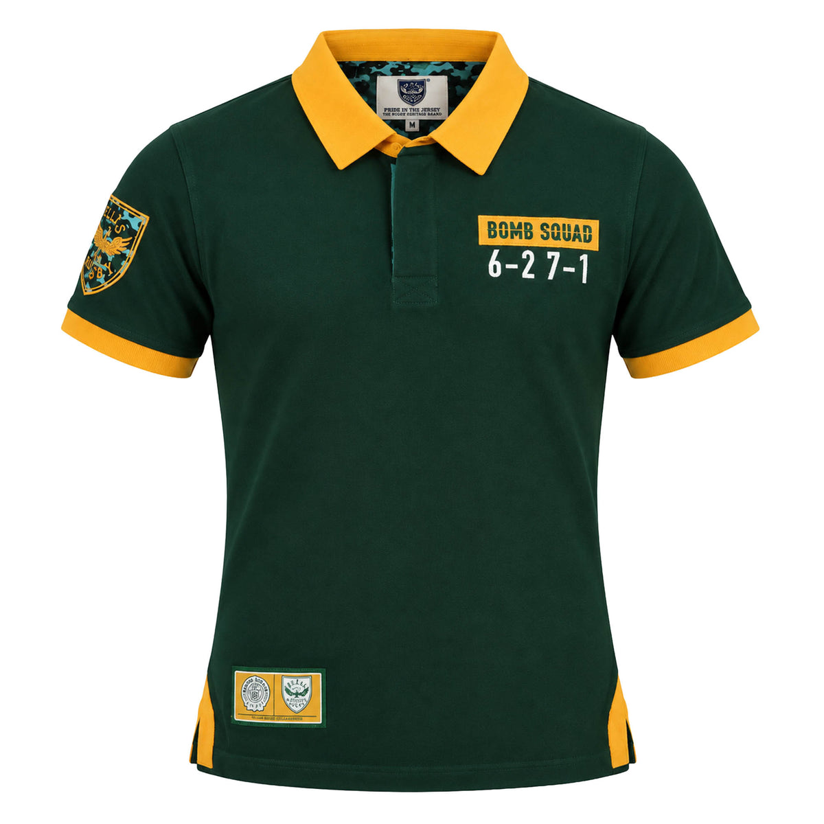 Ellis Rugby Bomb Squad Rugby Polo in dark green with a yellow collar and cuffs, featuring “BOMB SQUAD 6-27-1” text and rugby-themed patches.