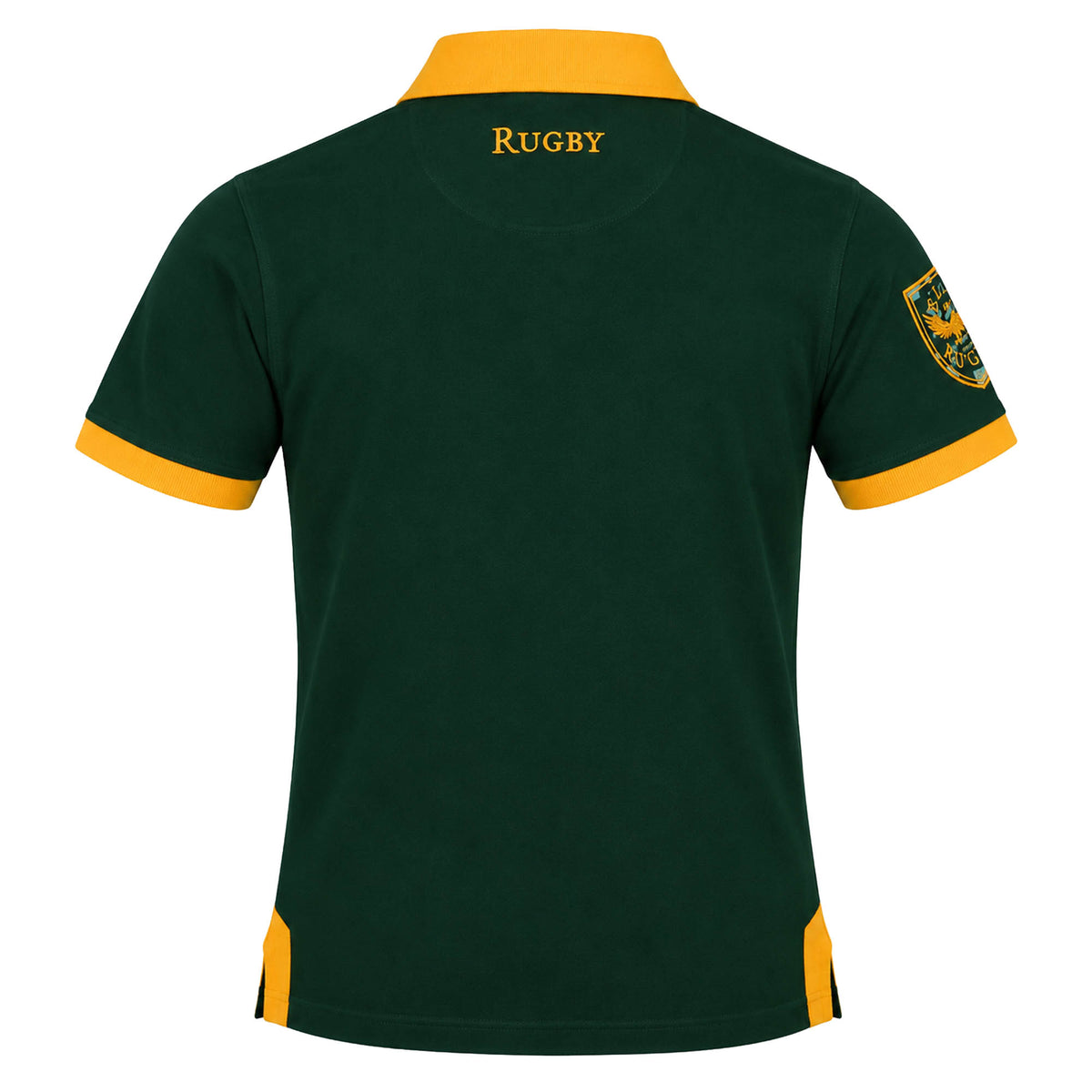 Back view of a Bomb Squad Rugby Polo by Ellis Rugby in green and gold with “RUGBY” printed on the collar and a team crest on the sleeve.