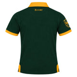 Back view of a Bomb Squad Rugby Polo by Ellis Rugby in green and gold with “RUGBY” printed on the collar and a team crest on the sleeve.