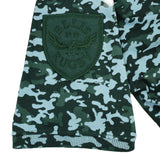 A green camouflage-patterned sleeve from the Bomb Squad Bench T-Shirt by Ellis Rugby featuring an Ellis Rugby shield patch.