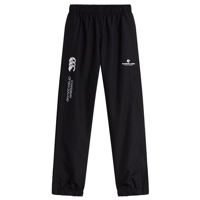 Eastside Lions Cuffed Hem Stadium Pant by EMB Canterbury in black, boasting an elastic waistband, front logos, and a chic cuffed hem.
