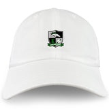 The Eagle High Mustangs Adult Low-Profile Cotton Twill Dad Cap by EMB S&S Activewear features embroidered team branding with a shield logo—rugby ball, bird, green "E," and a "Mountain Rugby" banner.