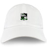 The Eagle High Mustangs Adult Low-Profile Cotton Twill Dad Cap by EMB S&S Activewear features embroidered team branding with a shield logo—rugby ball, bird, green "E," and a "Mountain Rugby" banner.