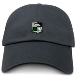 The EMB S&S Activewear Eagle High Mustangs Adult Low-Profile Cotton Twill Dad Cap is a black hat with embroidered team branding: a shield logo featuring an eagle, a rugby ball, and "EJ Norstand Rugby" text on the front.