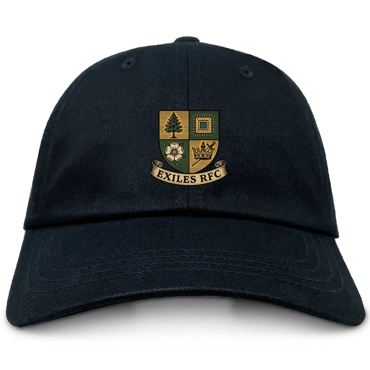 The Exiles Rugby Football Club Adult Low-Profile Cotton Twill Dad Cap by EMB S&S Activewear is a black cotton twill dad cap with a multicolored embroidered team crest and "EXILES RFC" on a banner below the emblem.