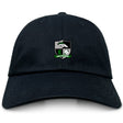 The Eagle High Mustangs Adult Low-Profile Cotton Twill Dad Cap by EMB S&S Activewear features team embroidery: an eagle crest, the letter "E," a rugby ball, and "Montana Rugby" in green and white.