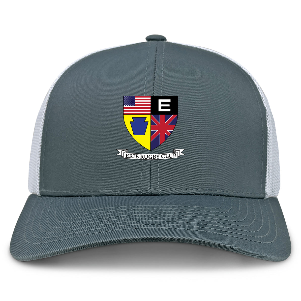 The Erie Rugby Club Retro Trucker Cap by EMB S&S Activewear is a gray and white snapback featuring the club logo with American and British flags on the front for an adjustable fit.