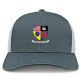 The Erie Rugby Club Retro Trucker Cap by EMB S&S Activewear is a gray and white snapback featuring the club logo with American and British flags on the front for an adjustable fit.