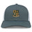 The Exiles Rugby Football Club Retro Trucker Cap by EMB S&S Activewear features a gray and white design, mesh back, adjustable snapback closure, and a multicolored embroidered "Exiles RFC" crest on the front panel.