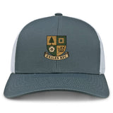 The Exiles Rugby Football Club Retro Trucker Cap by EMB S&S Activewear features a gray and white design, mesh back, adjustable snapback closure, and a multicolored embroidered "Exiles RFC" crest on the front panel.