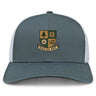 The Exiles Rugby Football Club Retro Trucker Cap by EMB S&S Activewear features a gray and white design, mesh back, adjustable snapback closure, and a multicolored embroidered "Exiles RFC" crest on the front panel.