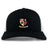 The EMB S&S Activewear Erie Rugby Club Retro Trucker Cap features a black and white design, embroidered shield logo with American and British flags, "ERIE RUGBY CLUB" text on the front, and a snapback closure for comfort.