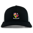 The EMB S&S Activewear Erie Rugby Club Retro Trucker Cap features a black and white design, embroidered shield logo with American and British flags, "ERIE RUGBY CLUB" text on the front, and a snapback closure for comfort.