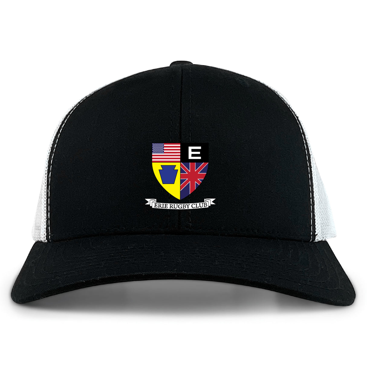 The EMB S&S Activewear Erie Rugby Club Retro Trucker Cap features a black and white design, embroidered shield logo with American and British flags, "ERIE RUGBY CLUB" text on the front, and a snapback closure for comfort.