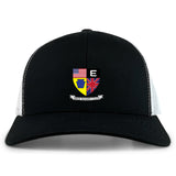 The EMB S&S Activewear Erie Rugby Club Retro Trucker Cap features a black and white design, embroidered shield logo with American and British flags, "ERIE RUGBY CLUB" text on the front, and a snapback closure for comfort.