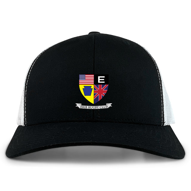 The EMB S&S Activewear Erie Rugby Club Retro Trucker Cap features a black and white design, embroidered shield logo with American and British flags, "ERIE RUGBY CLUB" text on the front, and a snapback closure for comfort.