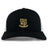 The EMB S&S Activewear Exiles Rugby Football Club Retro Trucker Cap features a black and white design with a gold and green crest on the front and an adjustable snapback closure.