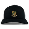 The EMB S&S Activewear Exiles Rugby Football Club Retro Trucker Cap features a black and white design with a gold and green crest on the front and an adjustable snapback closure.