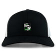 The Eagle High Mustangs Retro Trucker Cap by EMB S&S Activewear features a black and white design with an embroidered shield logo, wolf, rugby ball, and "Mustang Rugby" text on the front. Snapback closure for adjustable comfort.