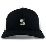 The Eagle High Mustangs Retro Trucker Cap by EMB S&S Activewear features a black and white design with an embroidered shield logo, wolf, rugby ball, and "Mustang Rugby" text on the front. Snapback closure for adjustable comfort.