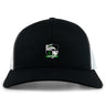 The Eagle High Mustangs Retro Trucker Cap by EMB S&S Activewear features a black and white design with an embroidered shield logo, wolf, rugby ball, and "Mustang Rugby" text on the front. Snapback closure for adjustable comfort.