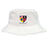 The Erie Rugby Club Crusher Bucket Cap by EMB S&S Activewear is a white cotton hat with a crest featuring American and British flags, a blue and yellow shield, and “THE RUGBY CLUB” text—ideal for sun protection at outdoor matches.