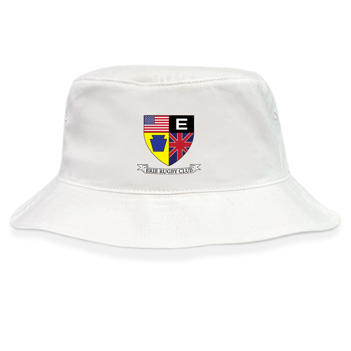The Erie Rugby Club Crusher Bucket Cap by EMB S&S Activewear is a white cotton hat with a crest featuring American and British flags, a blue and yellow shield, and “THE RUGBY CLUB” text—ideal for sun protection at outdoor matches.