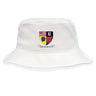 The Erie Rugby Club Crusher Bucket Cap by EMB S&S Activewear is a white cotton hat with a crest featuring American and British flags, a blue and yellow shield, and “THE RUGBY CLUB” text—ideal for sun protection at outdoor matches.