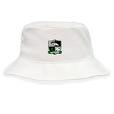 The Eagle High Mustangs Crusher Bucket Cap by EMB S&S Activewear features a logo with a black and green shield, an eagle, and rugby ball, plus sun protection and classic style for outdoor activities. "Meyerton Ebony" appears below the logo.