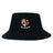 The Erie Rugby Club Crusher Bucket Cap by EMB S&S Activewear is a black cotton hat with a crest of US, UK, and Pennsylvania flags above an "Erie Rugby Club" banner—blending classic style and sun protection for every fan.